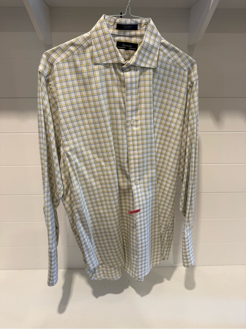 Faconnable White Plaid Dress Shirt with Yellow and Blue Checks